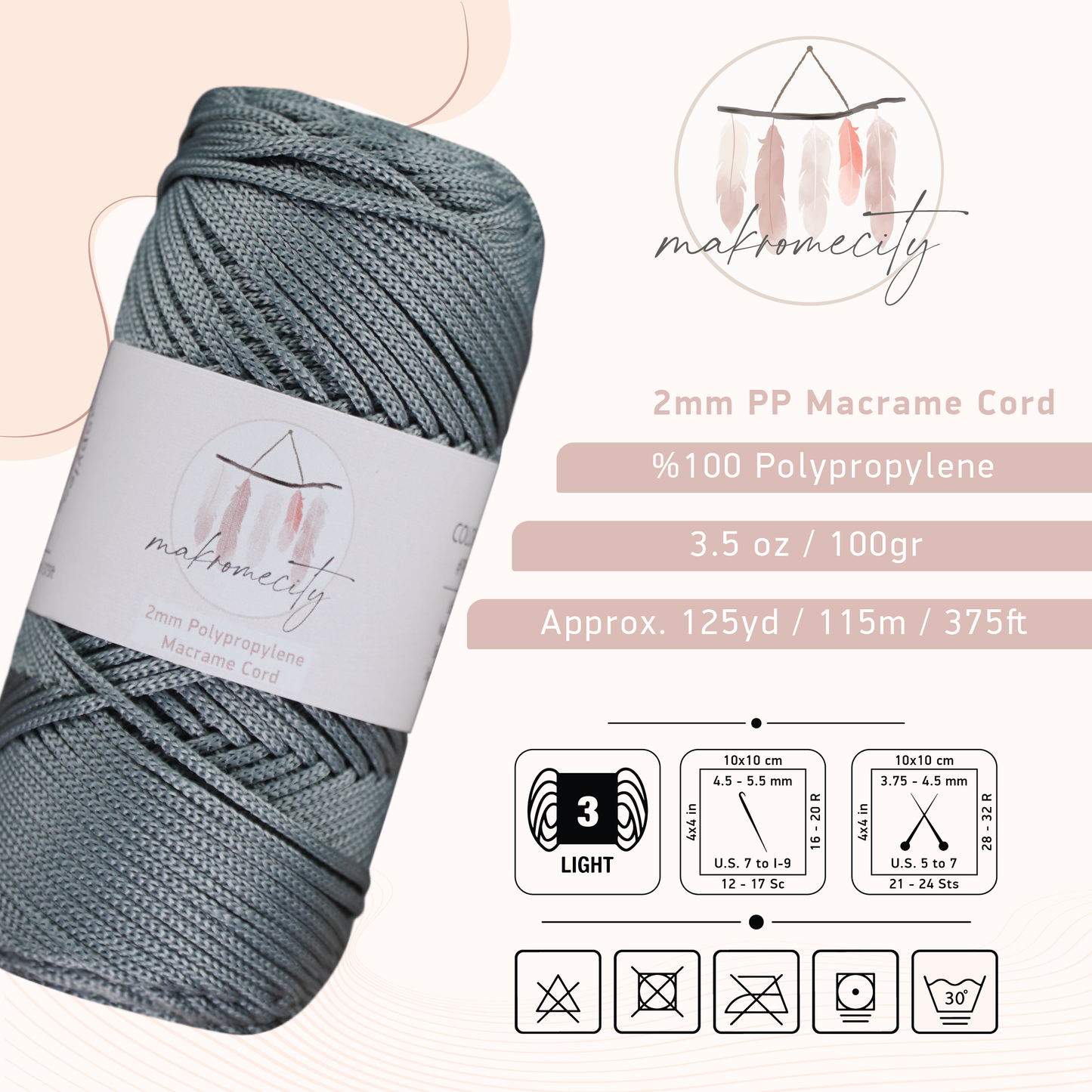 Polyester Macrame Cord 2mm x 125 Yards (375 feet) 2mm Polypropylene - Grey