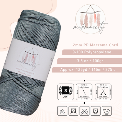 Polyester Macrame Cord 2mm x 125 Yards (375 feet) 2mm Polypropylene - Grey