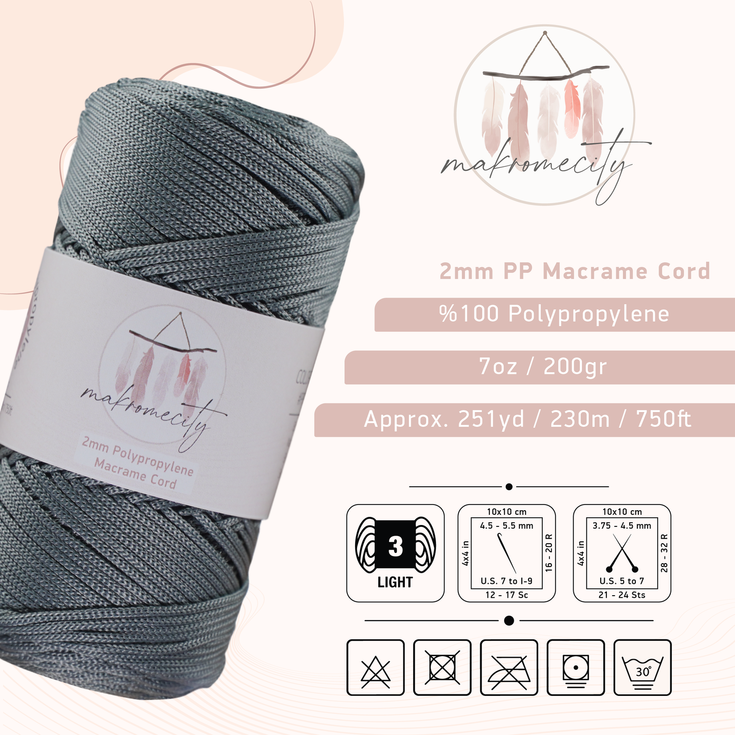 Polyester Macrame Cord 2mm x 250 yards (750 feet)  - Grey