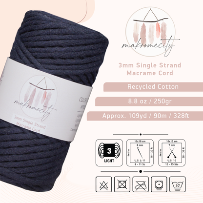 Single Strand Macrame Cord 3 mm x 109 Yards (328 feet) - Indigo Blue