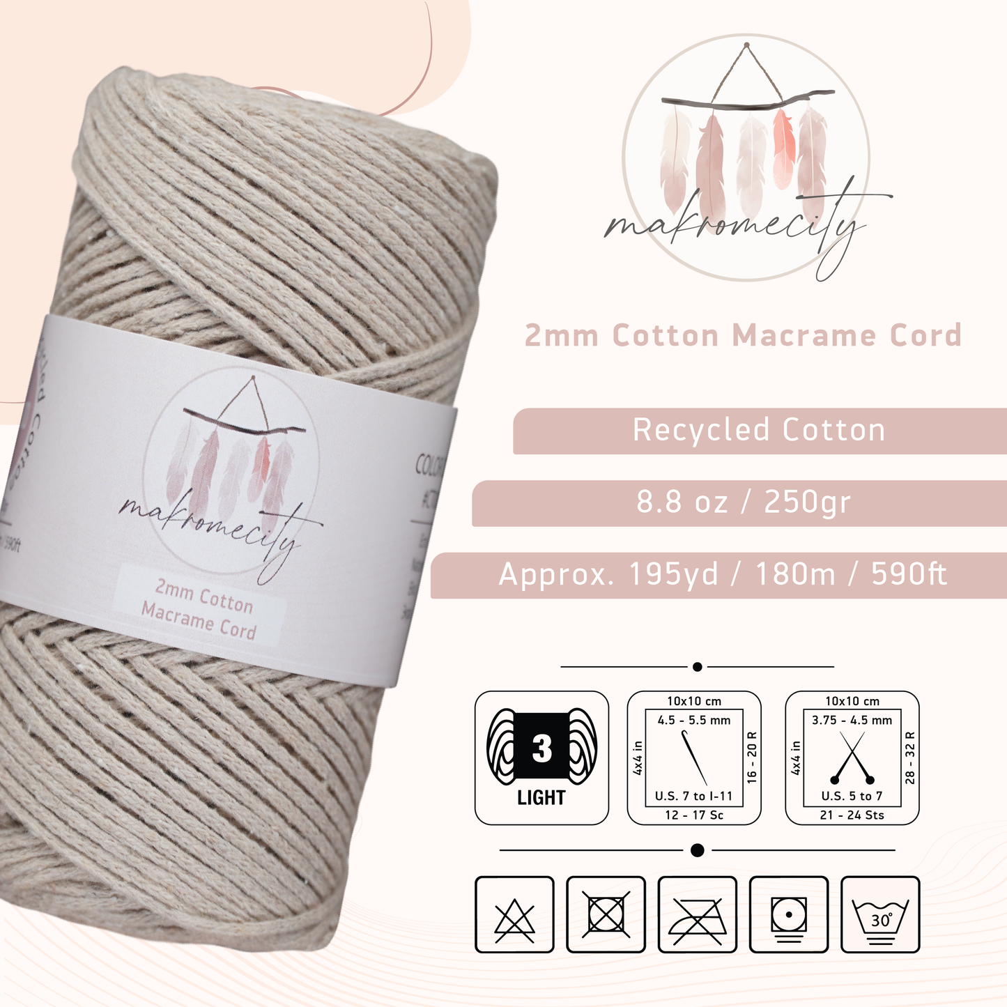 Cotton Macrame Cord 2mm x 195 Yards (590 feet) 2mm - Latte
