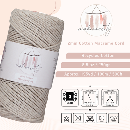 Cotton Macrame Cord 2mm x 195 Yards (590 feet) 2mm - Latte