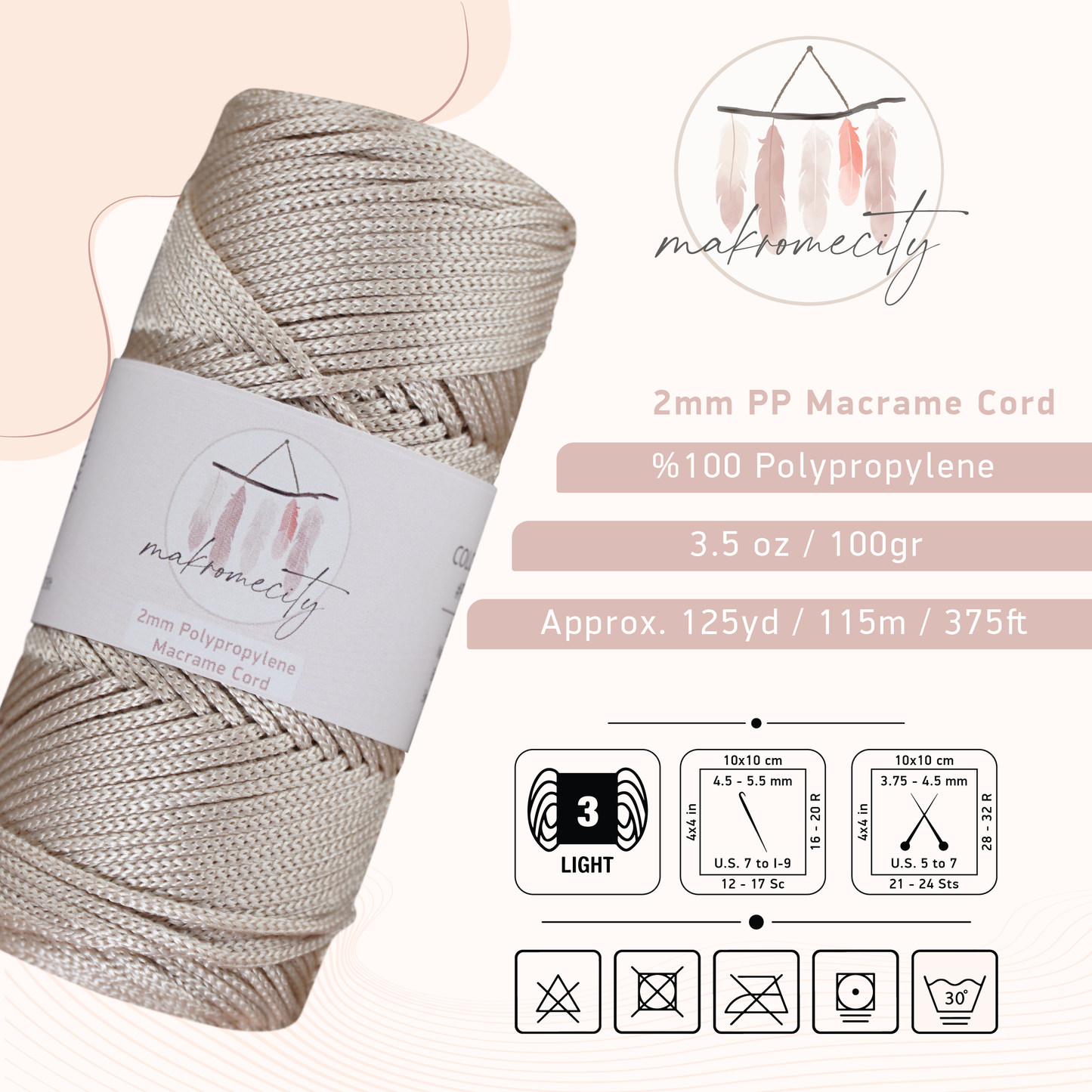 Polyester Macrame Cord 2mm x 125 Yards (375 feet) 2mm Polypropylene - Latte