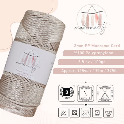 Polyester Macrame Cord 2mm x 125 Yards (375 feet) 2mm Polypropylene - Latte