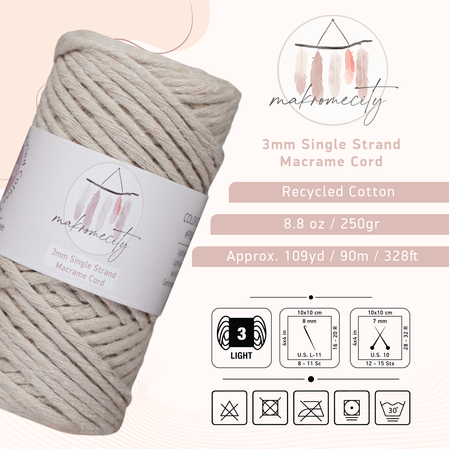 Single Strand Macrame Cord 3 mm x 109 Yards (328 feet) - Latte