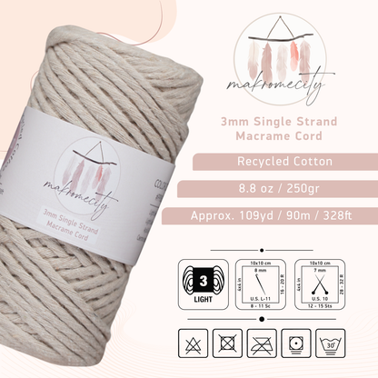 Single Strand Macrame Cord 3 mm x 109 Yards (328 feet) - Latte