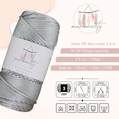 Polyester Macrame Cord 2mm x 125 Yards (375 feet) 2mm Polypropylene - Light Grey