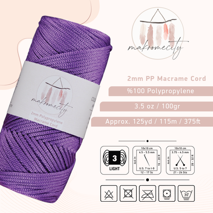 Polyester Macrame Cord 2mm x 125 Yards (375 feet) 2mm Polypropylene - Lilac