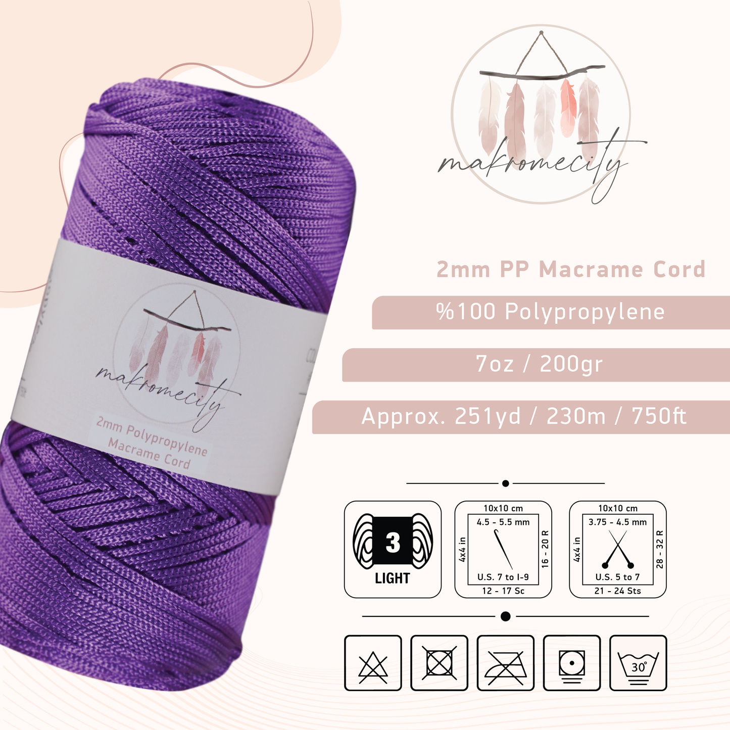 Polyester Macrame Cord 2mm x 250 yards (750 feet)  - Lilac