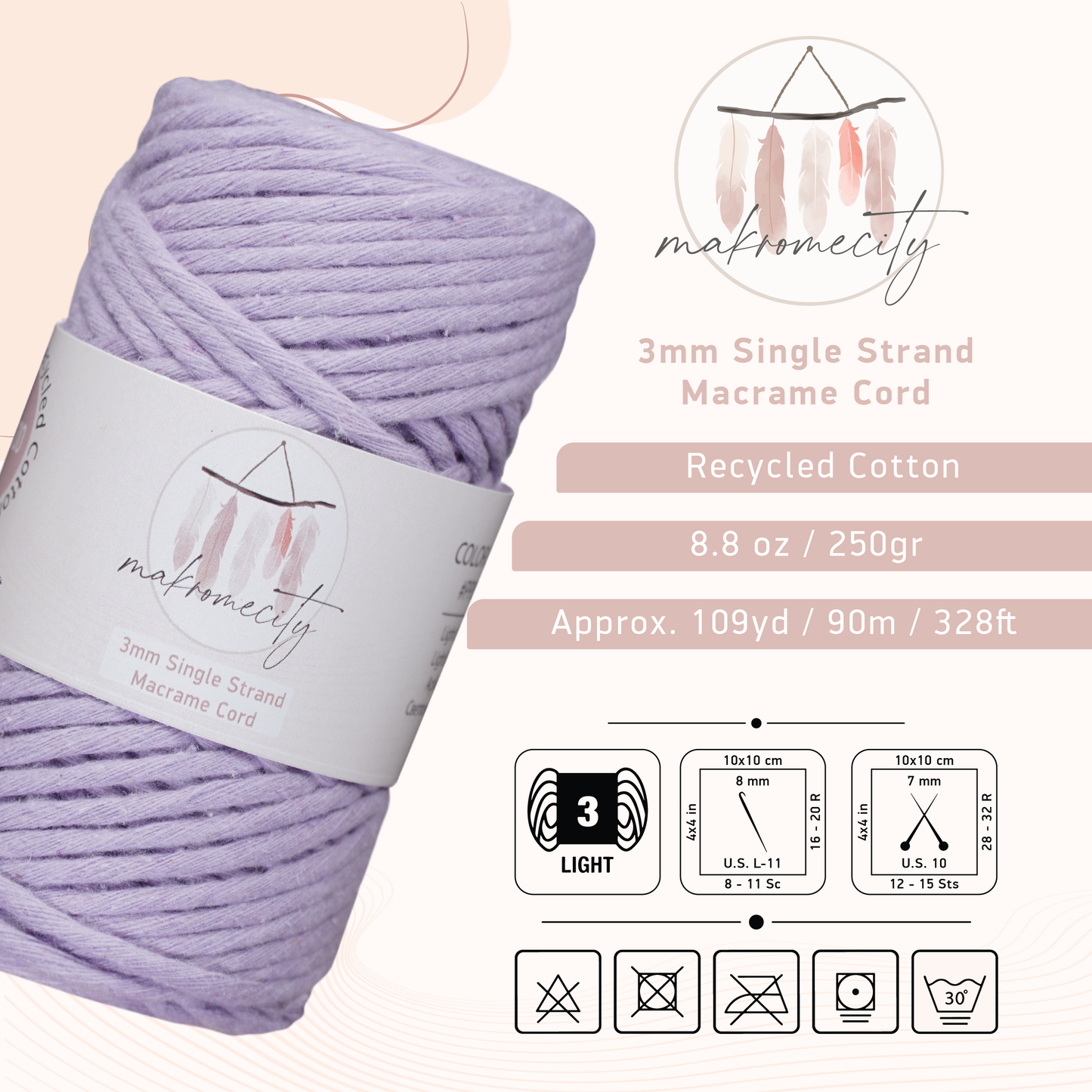 Single Strand Macrame Cord 3 mm x 109 Yards (328 feet) - Lilac