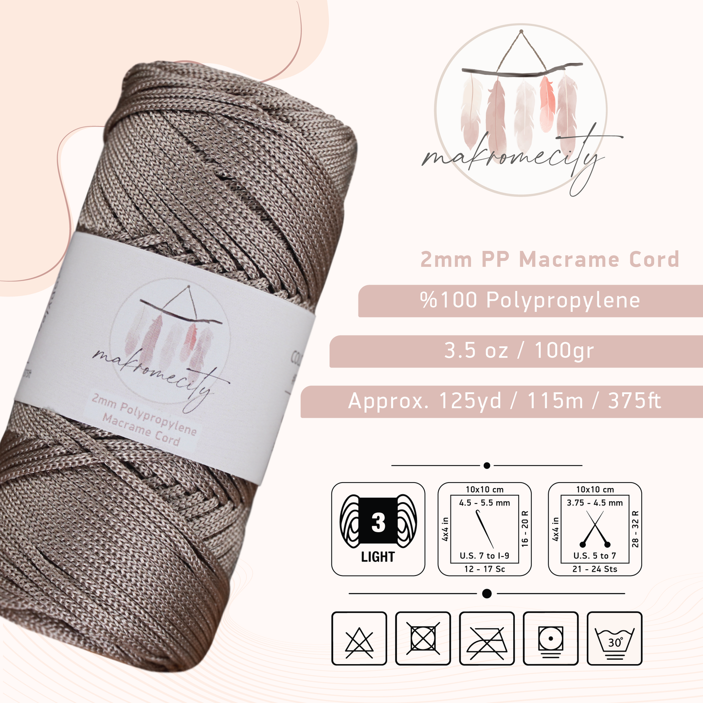 Polyester Macrame Cord 2mm x 125 Yards (375 feet) 2mm Polypropylene - Mink