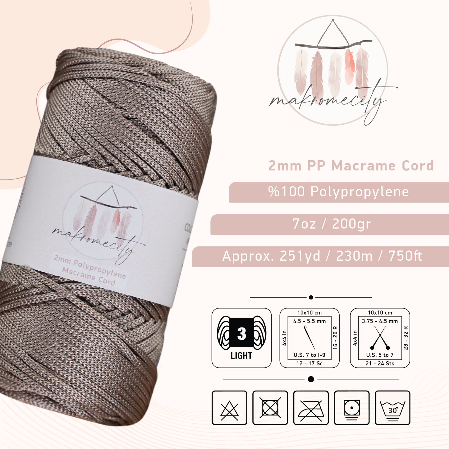 Polyester Macrame Cord 2mm x 250 yards (750 feet)  - Mink