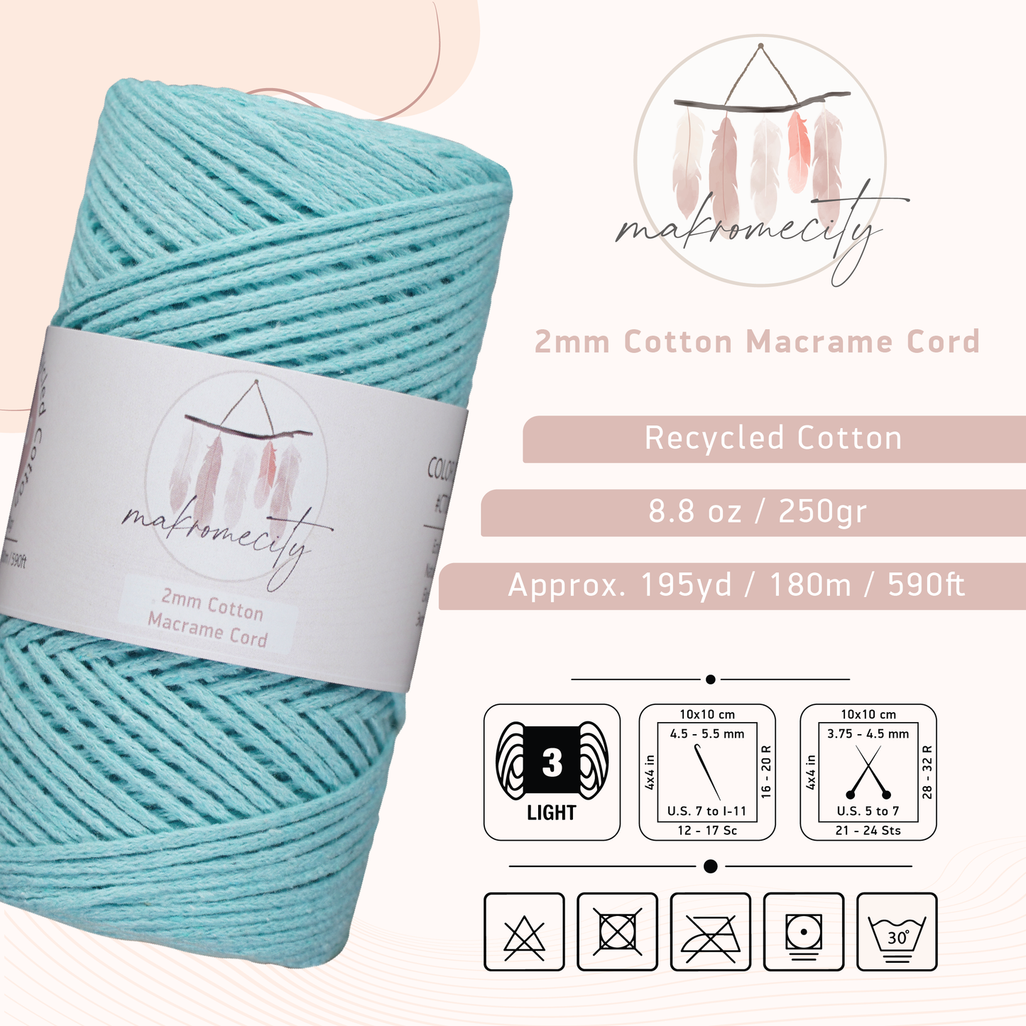 Cotton Macrame Cord 2mm x 195 Yards (590 feet) 2mm - Mint
