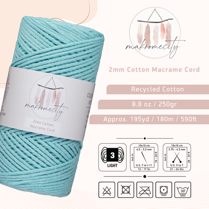 Cotton Macrame Cord 2mm x 195 Yards (590 feet) 2mm - Mint