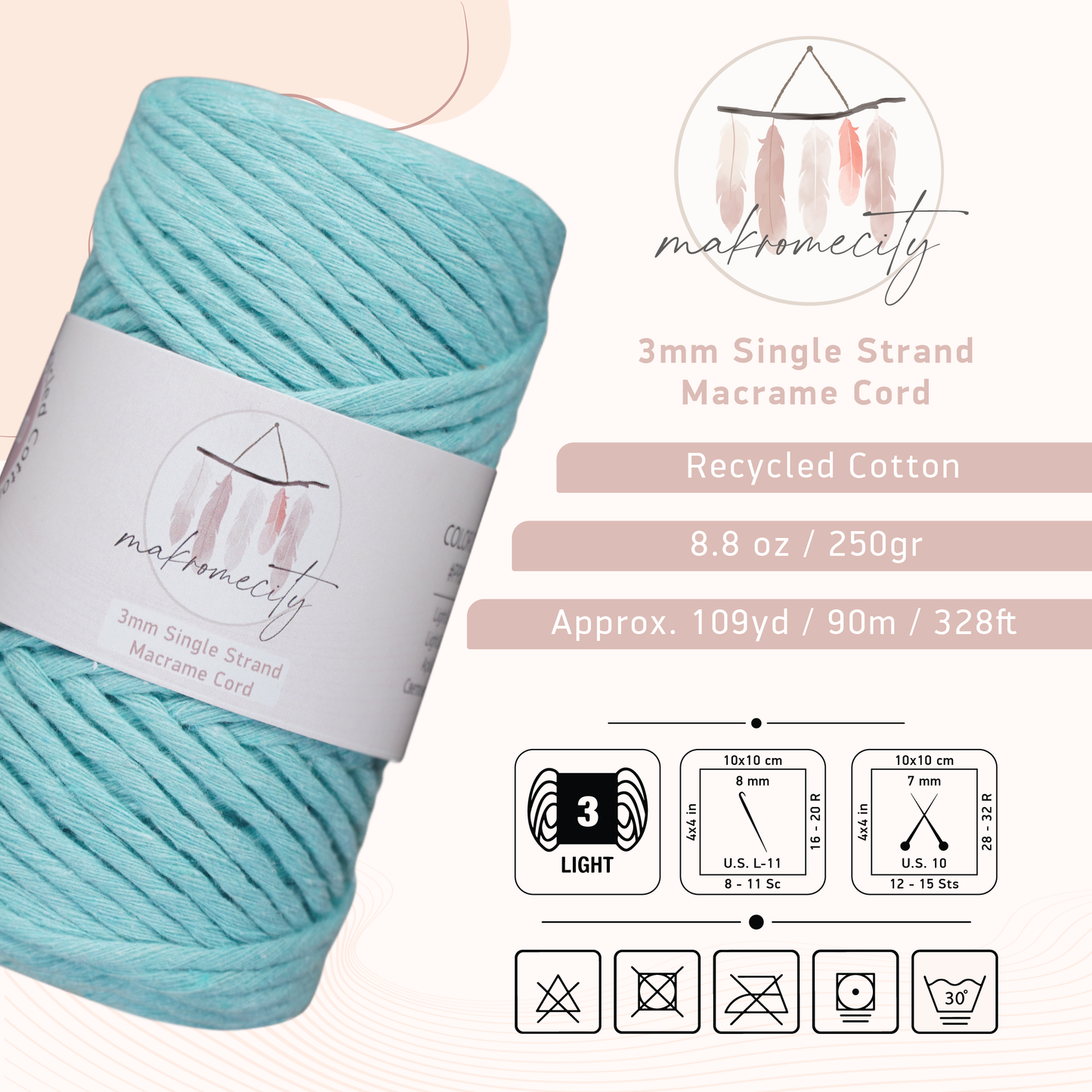 Single Strand Macrame Cord 3 mm x 109 Yards (328 feet) - Mint