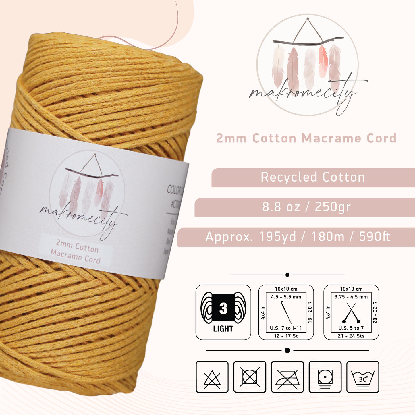 Cotton Macrame Cord 2mm x 195 Yards (590 feet) 2mm - Mustard