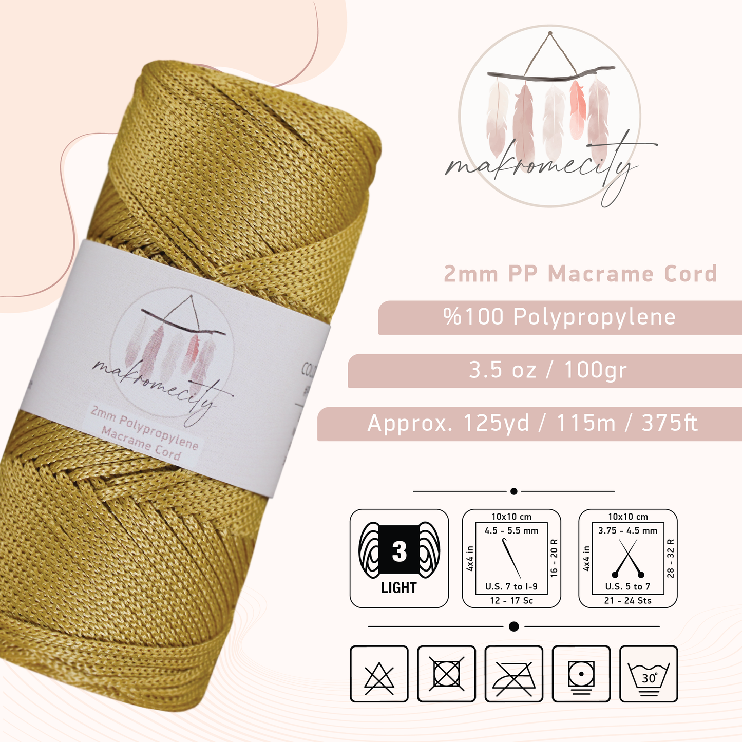 Polyester Macrame Cord 2mm x 125 Yards (375 feet) 2mm Polypropylene - Mustard