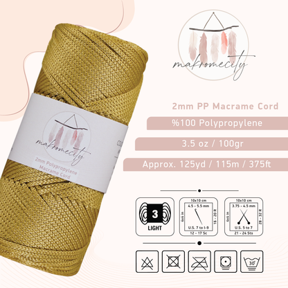 Polyester Macrame Cord 2mm x 125 Yards (375 feet) 2mm Polypropylene - Mustard