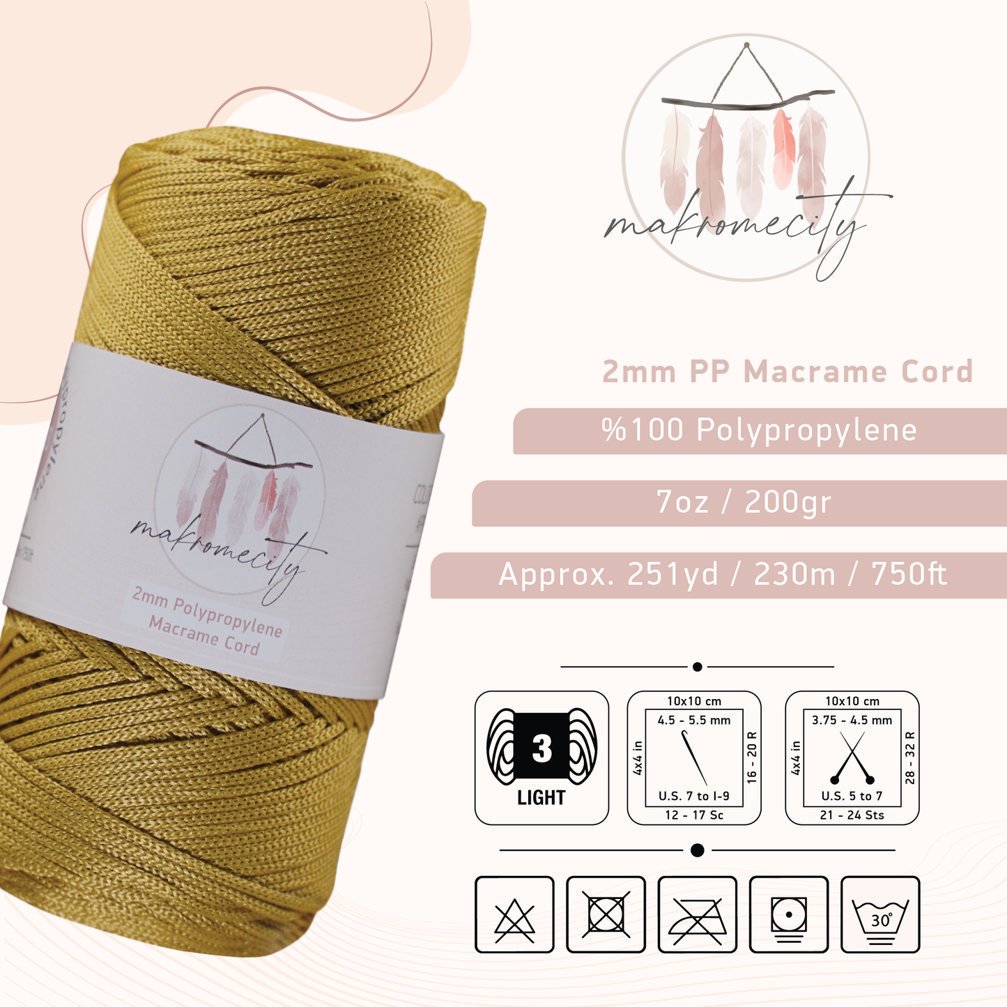 Polyester Macrame Cord 2mm x 250 yards (750 feet)  - Mustard