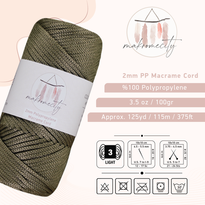 Polyester Macrame Cord 2mm x 125 Yards (375 feet) 2mm Polypropylene - Olive Drab