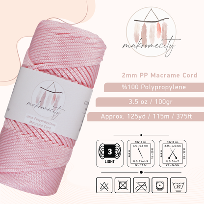 Polyester Macrame Cord 2mm x 125 Yards (375 feet) 2mm Polypropylene - Baby Pink