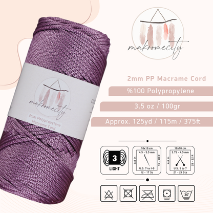 Polyester Macrame Cord 2mm x 125 Yards (375 feet) 2mm Polypropylene - Plum