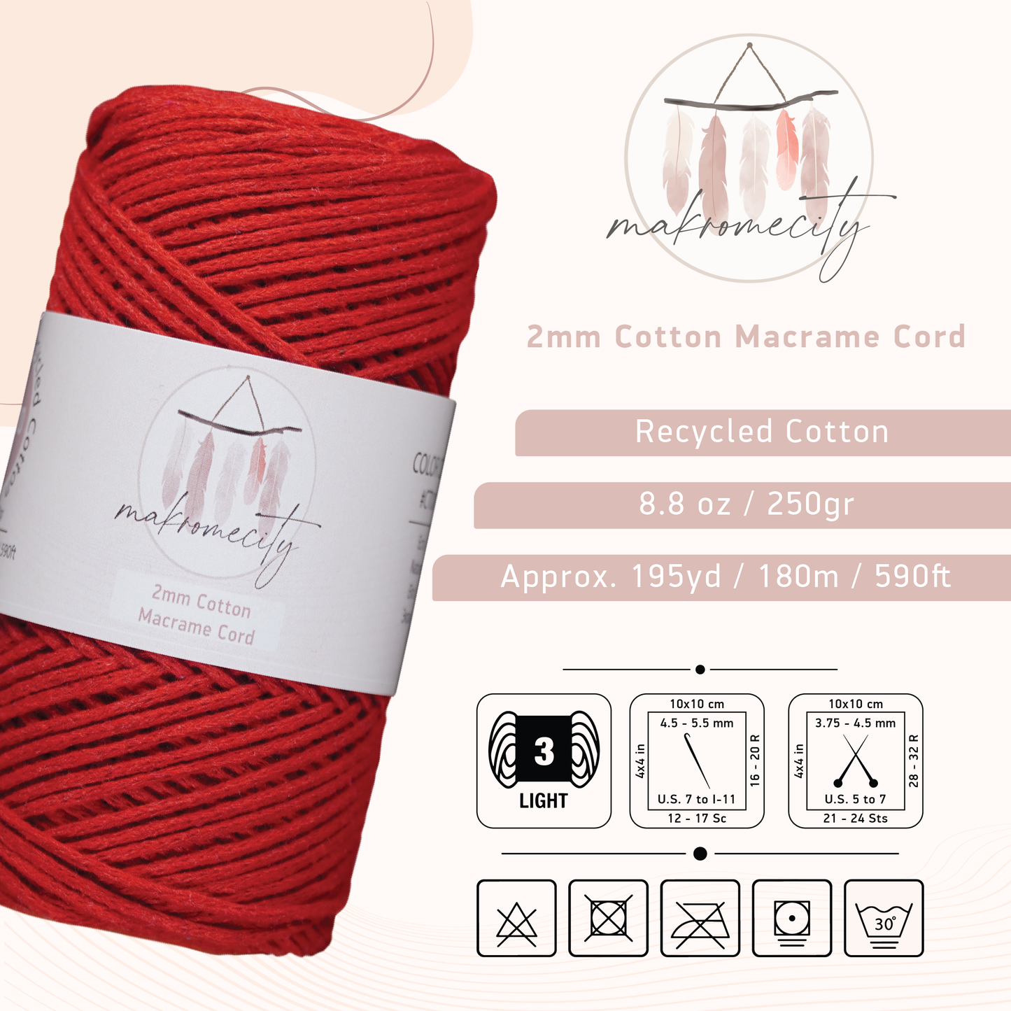 Cotton Macrame Cord 2mm x 195 Yards (590 feet) 2mm - Red