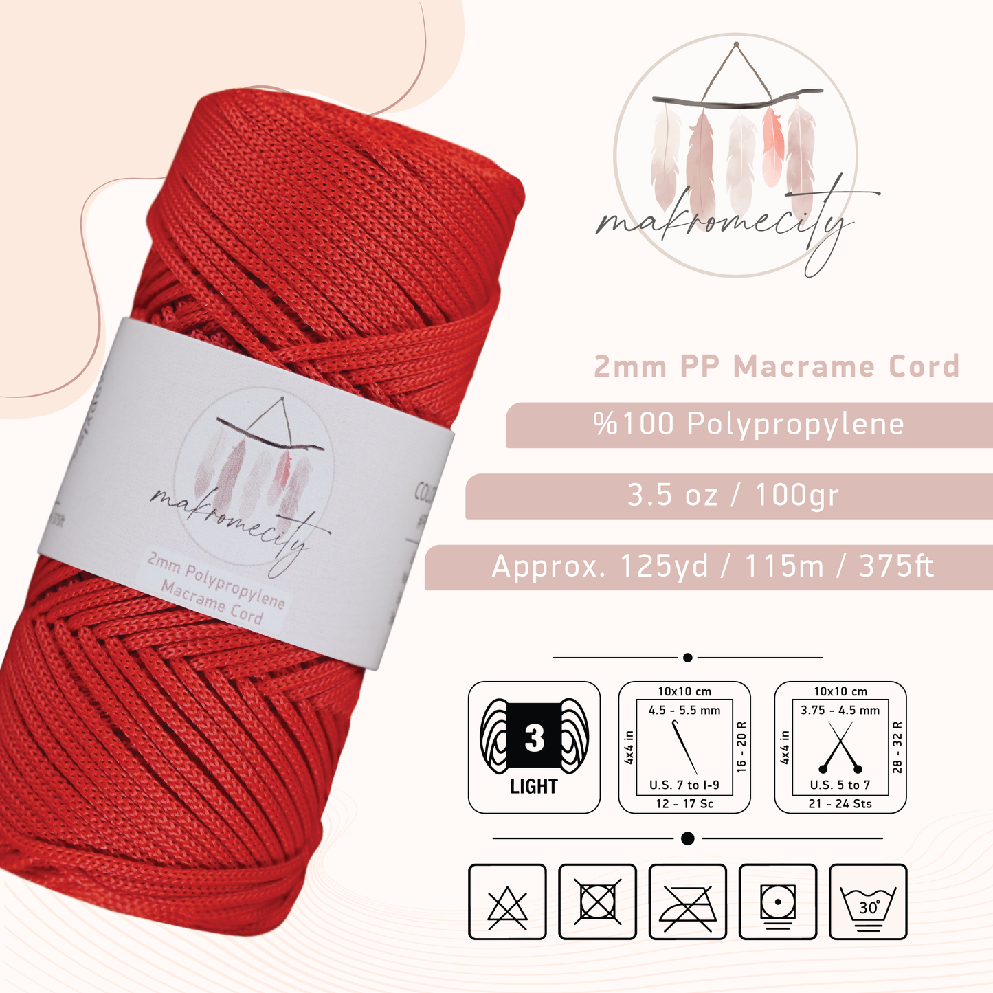 Polyester Macrame Cord 2mm x 125 Yards (375 feet) 2mm Polypropylene - Red