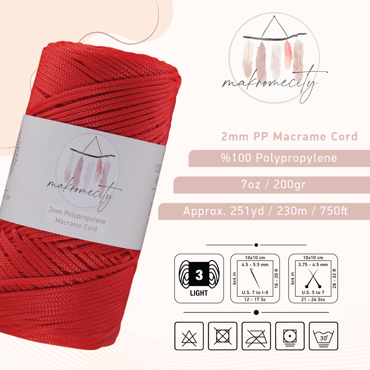 Polyester Macrame Cord 2mm x 250 yards (750 feet)  - Red