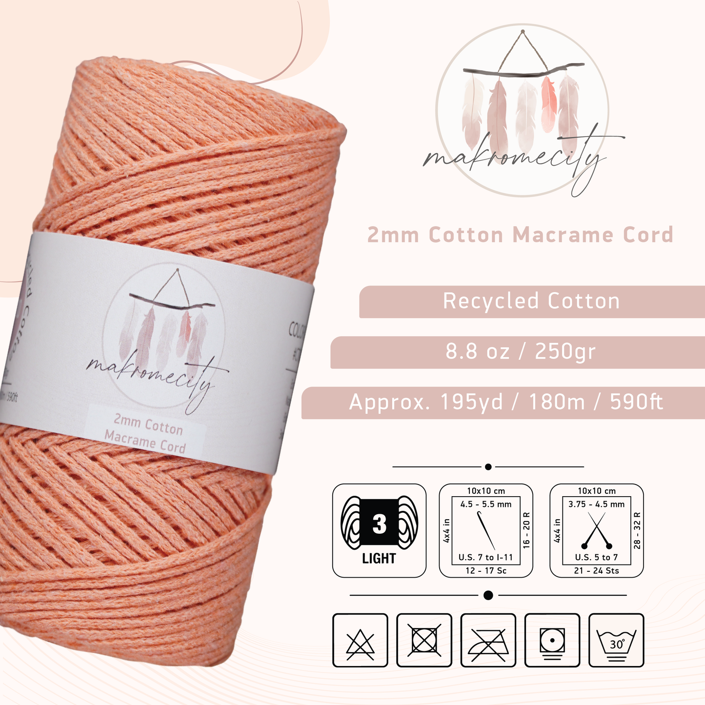 Cotton Macrame Cord 2mm x 195 Yards (590 feet) 2mm - Salmon Pink