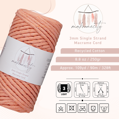 Single Strand Macrame Cord 3 mm x 109 Yards (328 feet) - Salmon Pink