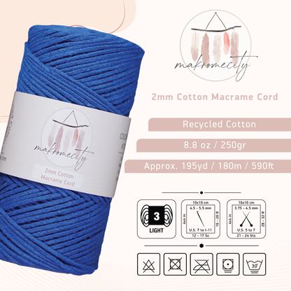 Cotton Macrame Cord 2mm x 195 Yards (590 feet) 2mm - Sax Blue