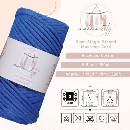 Single Strand Macrame Cord 3 mm x 109 Yards (328 feet) - Sax Blue