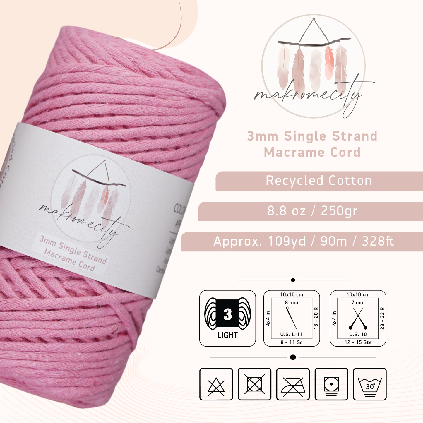 Single Strand Macrame Cord 3 mm x 109 Yards (328 feet) - Sugar Pink