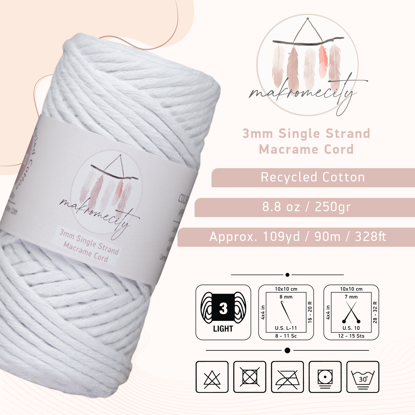 Single Strand Macrame Cord 3 mm x 109 Yards (328 feet) - White