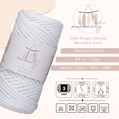 Single Strand Macrame Cord 3 mm x 109 Yards (328 feet) - White