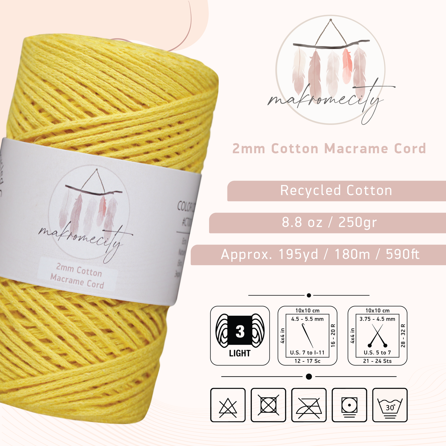 Cotton Macrame Cord 2mm x 195 Yards (590 feet) 2mm - Yellow